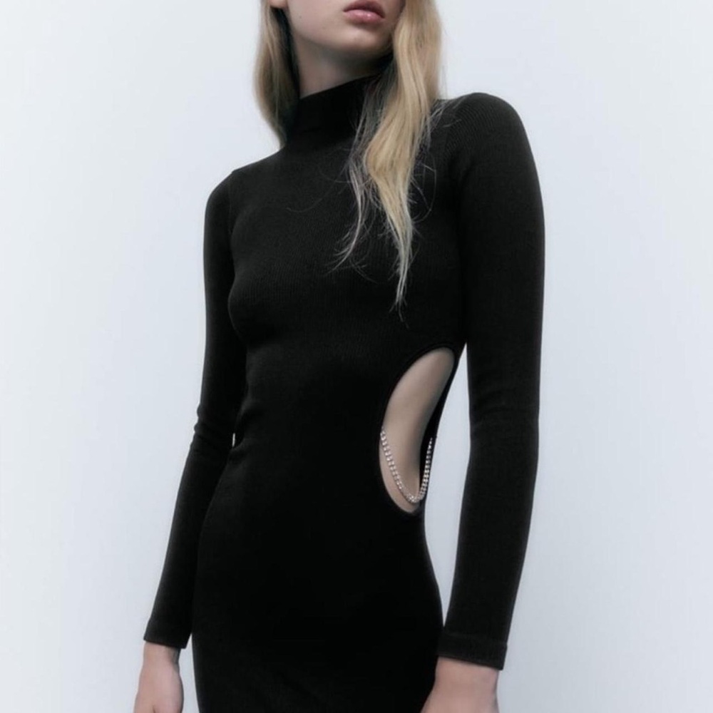 🎀ZARA🎀 seamless ribbed rhinestone waist cut out dress